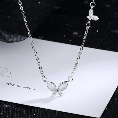 Trendy 925 Sterling Silver Jewelry Double Butterflies Chain Pendants&Necklaces sterling-silver Zircon Choker Necklace Women