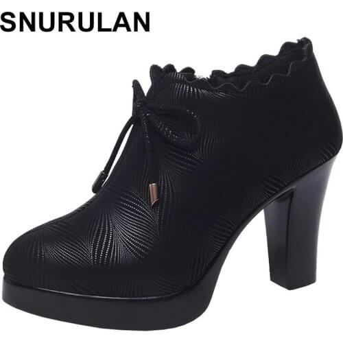 SNURULANGenuine Leather Womens Deep Mouth High Heel Shoes Black Platform Pumps Womens Shoes Fashion Female Office Shoes Ladies