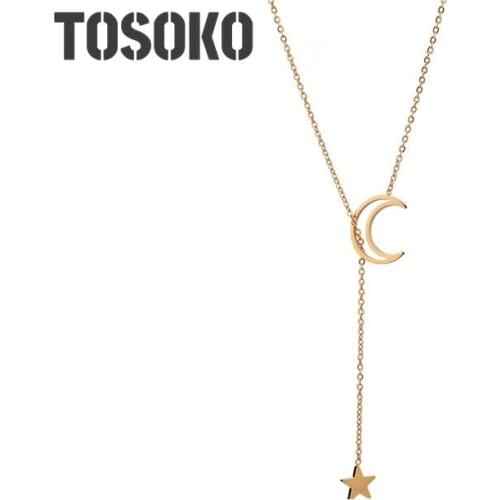 TOSOKO Stainless Steel Jewelry Star Moon Necklace Clavicle Chain Star Moon Pendant Women Fashion Chain BSP315