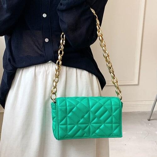 Thick Metal Chain Womens Handbag 2021 Small Flap Pu Leather Shoulder Bag Women Clutch Bags Luxury Ladies Shoulder Purse Green