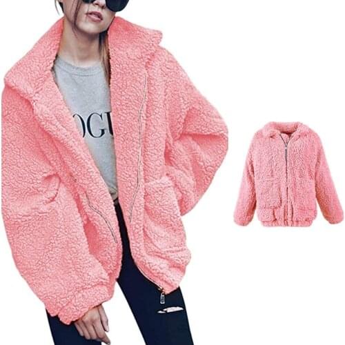 Women Winter Fuzzy Plush Lapel Jacket Warm Zipper Shaggy Oversized Outwear Coat