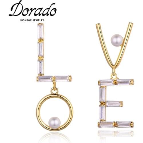 Dorado Romantic Zircon LOVE Letter Asymmetrical Drop Earrings for Women Imitation Pearl Brincos Simple Jewelry Anniversary 2020