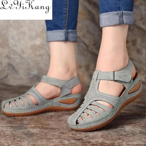Woman 2020 Summer Leather Vintage Sandals Buckle Casual Sewing Women Retro Sandalias Female Ladies Platform Shoes 34-46