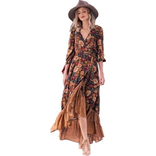 Vestidos Ladies Clothing 2021 New Casual Long Sleeve Printing Retro Elegant Women Long Dress Autumn V-Neck Womens Dresses NBH34