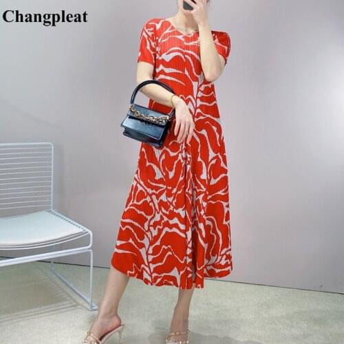 CHANGPLEAT 2021 Summer New Miyak Pleated dresses for women Fashion Printed Round neck short-sleeved Loose Large Size dress Tide