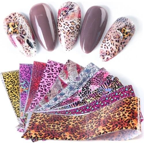 10PCS Mixed Snake Print Nail Art Transfer Foils Leopard Wild Animal Skin Transfer Sticker Sexy Slider Starry Sky Wrap Decoration