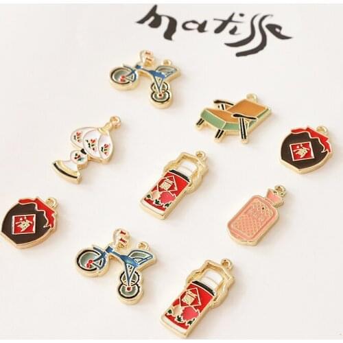 10pcs Alloy Cute pendant age sense kettle table lamp wine jar bicycle Earrings For Women Girls Cartoon diy jewelry accessories
