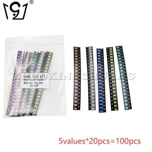 100PCS 1206 SMD LED electronic component sample package (red, yellow, blue, green and white) 5values*20pcs