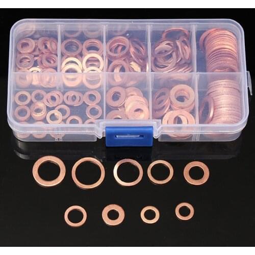 200Pcs Solid Copper Washer M5-M14 Flat Ring Sump Plug Oil Seal Assorted Set Box