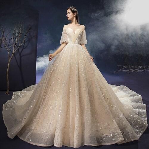 2021 Elegant Wedding Dresses Lantern Half Sleeve Lace Sequins Beading Princess Backless Luxury Ball Gown Bridal Gowns With Train