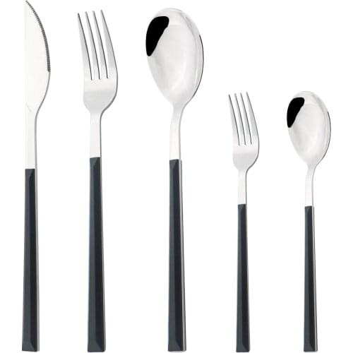 5Pcs Black Silver Cutlery Set Stainless Steel Dinnerware Wooden Handle Tableware Knife Fork Spoon Silverware Party Flatware Set