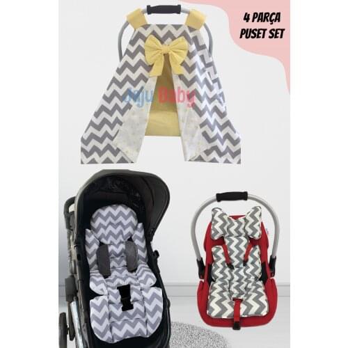 Jaju Baby Handmade, Yellow Gray Zigzag 4-Piece Stroller Set (With Handle)