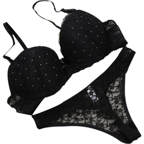 2 pcs Womens Sexy Bra Set Push Up Brief Underwear Lace Bra +Thong Set And Panties Set Adjustable 3/4 Cup Bra with Diamond