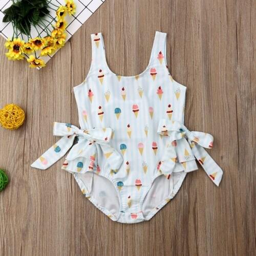 Toddler Baby Girl Swimwear Ice Cream Bow Cartoon Bikini Swimsuit Sleeveless Swimming Suit Summer Beachwear Tankini 1-5T