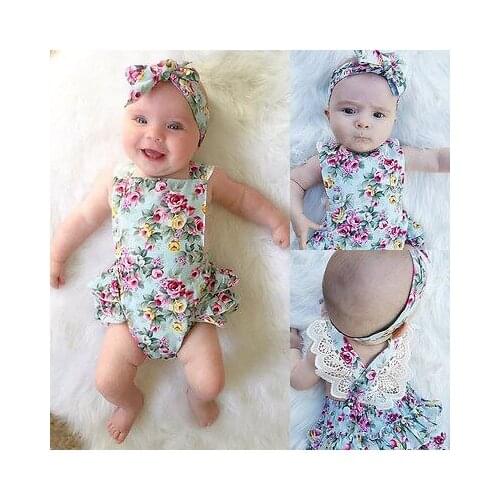 Summer Newborn Kids Baby Girl Romper Clothes Floral printed Outfits Set Lace sleeveless Jumpsuit Romper+Headband Playsuit 0-24M