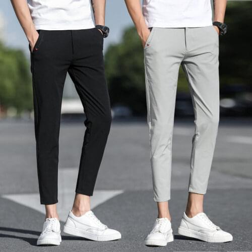 2020 Summer Fiber Mens Casual Pants Ankle-Length Pants Thin Korean FashionMale Slim Fit Pants All-match Leisure Trousers Black