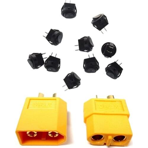 WSFS Hot Pack of 5 Pairs XT60 Connector Pairs & 10Pcsx AC 3A/250V 6A/125V ON-OFF I/O SPST 2 Pin Snap In Round Boat Rocker Switch