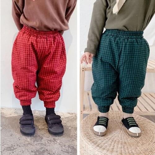 New Fashion Children Baby Boys Girls Harlan Pants Winter Spring Warm Toddler Thicken Plus Velvet Kids Pocket Red Green Lattice