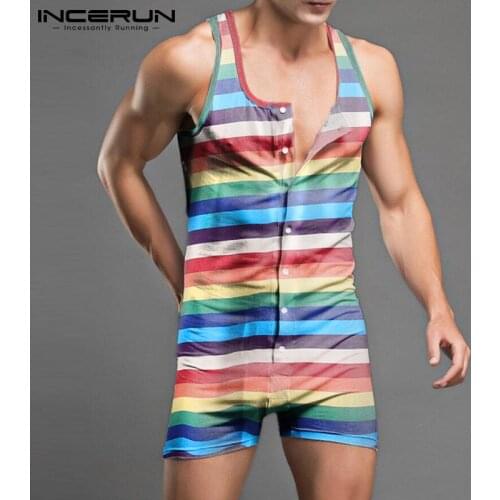 INCERUN Summer Button Fitness Bodysuit Sleepwear Men Leisure Striped Pajama Rompers Sleeveless Round Neck Onesies Homewear 5XL 7