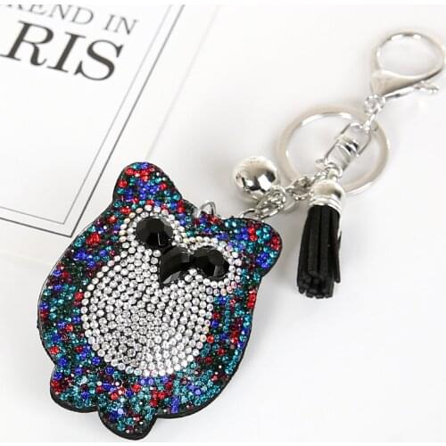 2018 Silver Color good quality wholesale colorful new fashion charm key chain pendant rhinestone owl shape leather keychain