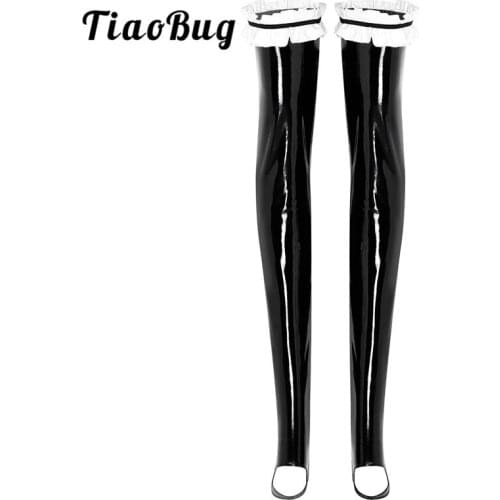 TiaoBug Women Black Wet Look Patent Leather Thighs Ruffle High Stay Up Hot Sexy Stockings Club Pantyhose Long Hosiery Lingerie