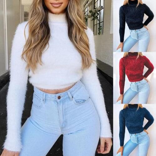 Women Autumn Winter Solid Color Long Sleeve Turtleneck Plush Crop Sweater Top