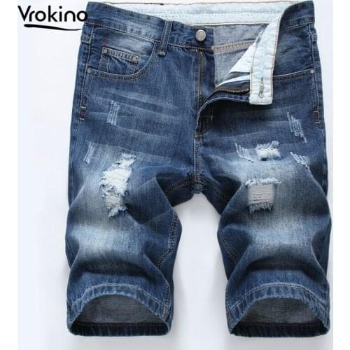 VROKINO Brand2020 Summer New Style Men Leisure Shorts Jeans Fashion Slim Fit High Quality Men Elastic Force Hole Shorts Jeans