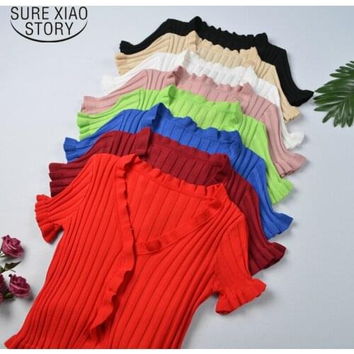 V-Neck Short Sleeve Tees Vintage Solid Women T-Shirts Summer 2021 Fuguns Knit Korean Single Breasted Office Lady Cardigan 10265