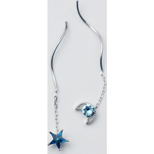 MloveAcc Real 925 Sterling Silver Women Drop Earrings with Blue Cubic Zirconia Star Moon Earrings Long Wave Jewelry