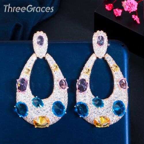 ThreeGraces Exquisite Rainbow Cubic Zirconia Gold Color Big Statement Dangle Drop Earrings for Women Wedding Party Jewelry ER554