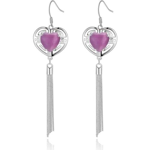 Purple zircon love heart with tassel high quality Silver Earrings for women fashion jewelry earrings /CPGHANGI BVHEMWXK