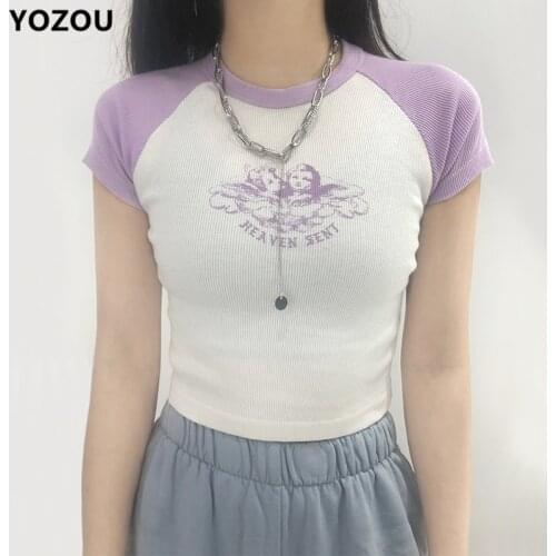 Women Raglan Colorblock Sleeves Angels Printed Soft Ribbed Tee Short Sleeved Crop Top tshirt women kawaii cute slim bodycon