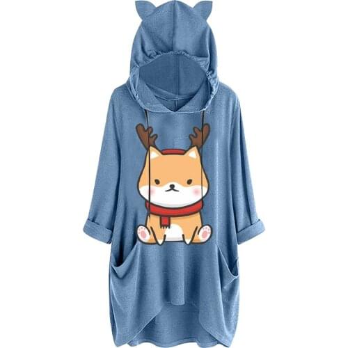 Women Casual Night Dress Christmas Print Hooded Mini Dresses Ladies Long Sleeve Loose Pocket Dress Vestidos Robe Femme Plus Size