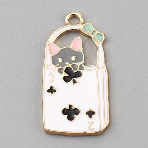 Zinc Based Alloy Charms Bag Gold Plated Black & White Cat Enamel 29mm x 15mm, 10 PCs
