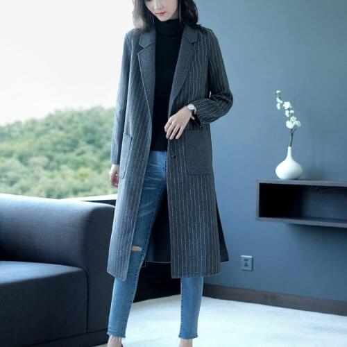 Long woolen blends cashmere coats for women 2019 autumn winter ladies jackets plus size overcoats grey striped double sided