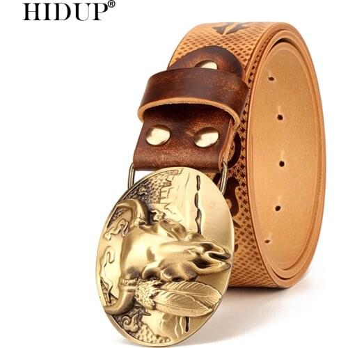 HIDUP Top Quality Design Solid Real Cow Leather Solid Brass Cattle Head Buckle Metal Belt Men Jeans Handmade Accessories NWJ871