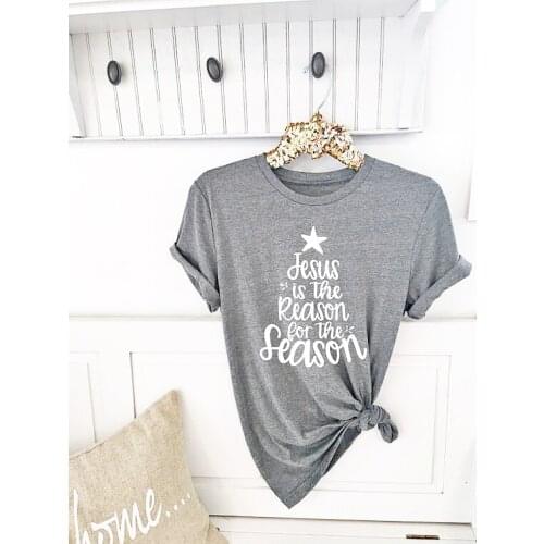 Jesus is the reason for the season Womens Short sleeve Black Cotton Funny Letter print Graphic O neck Tshirt Drop shipping