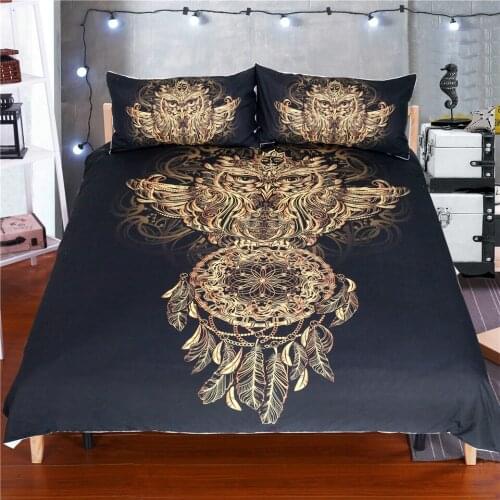 Golden Owl Bedding Set, Twin Queen King Size Boys Luxury Dreamcatcher Print Black 3d Duvet Cover 3pcs Feather Bohemian Bed Cover