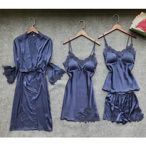 Women Sexy Robe & Gown Sets Lace Bathrobe + Night Dress 4 Pcs Sleepwear Womens Sleep Set Faux Silk Robe Femme Lingerie