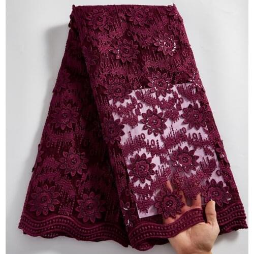 African Lace Fabric 2021 Red Wine French Sequins Tulle 3D Flower Sewing Embroidery Fabrics 5 Yards Dresses For Women Party A2530