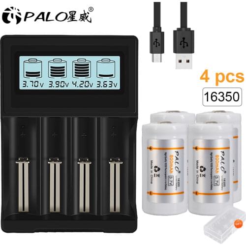 PALO 3.7V 16350 Battery Li-ion CR123A Rechargeable Batteries CR123 for Camera Meter with LCD Charger for 18650 18500 21700 Batte