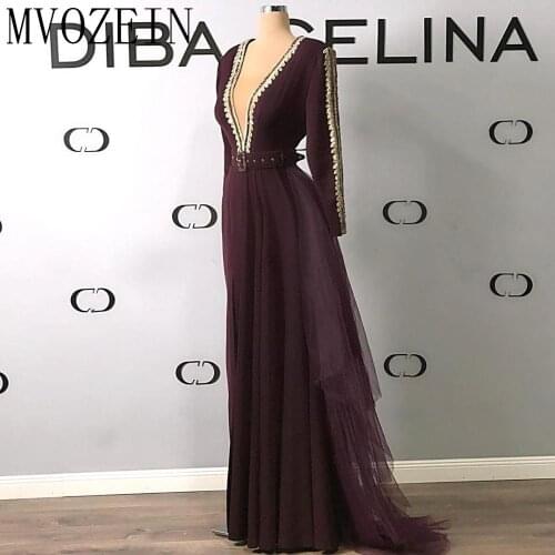 MVOZEIN Muslim Evening Dress V-Neck A-Line Embroidery Lace Beading Long Sleeves Evening Formal Gown Prom Dresses Free Shipping