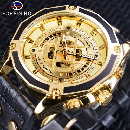 Forsining Hot Sale Skeleton Male Mechanical Watch Automatic Golden Dial Black Genuine Leather Band Men Business Watches Dropship