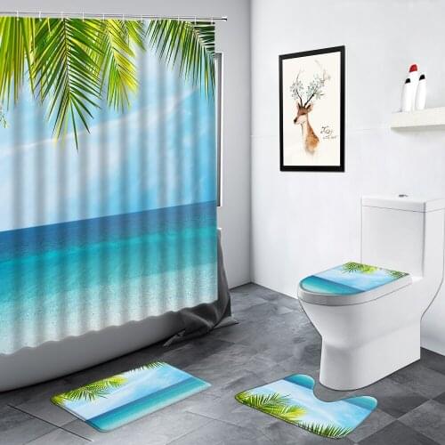 Palm Leaves Ocean Landscape Shower Curtains Set Tropical Plant Hawaii Scenery Carpet Non-slip Rug Toilet Bath Mat Bathroom Decor