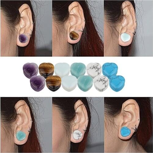 Pinksee Charm Fashion Heart Shaped Natural Stone Ear Plugs Flesh Tunnel Piercing Expander Ear Stretcher Body Piercing Jewelry