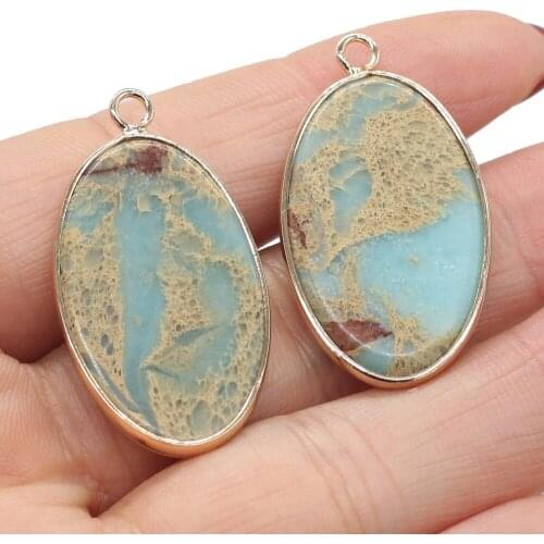 Elegant Blue Ocean Mine Charm Natural Stone Pendant Oval Shape Charms for Jewelry Making DIY Necklace Accessories Exquisite Gift
