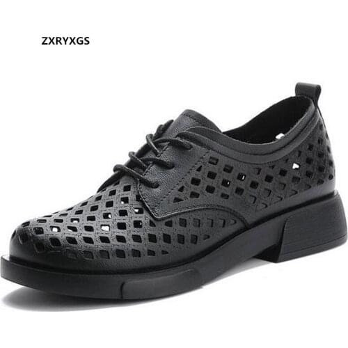 2020 New Spring Summer Hole Shoes Breathable Genuine Leather Sandals Women Flat Shoes Soft Sole Comfortable Casual Shoes Flats