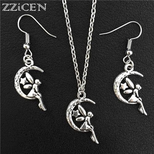 Fashion Antique Moon Star Angel Pendant Necklace Elegant Wings Fairy Charm Drop Earrings for Women Best Gift Jewelry Sets