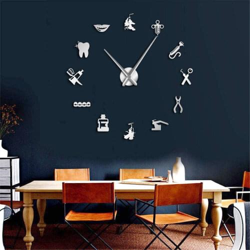 Dentist Tools Frameless 3D Wall Clock Dental Practitioners Clinic Stomatological Hospital Orthodontics Room Art Decor Clock