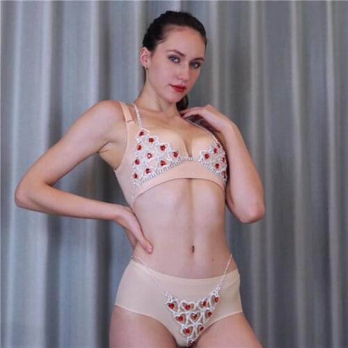Bling Rhinestone Heart Body Chain Bra Harness for Women Fashion Jewellery Luxurious Crystal Bra and Thong Bikini Set wholesale